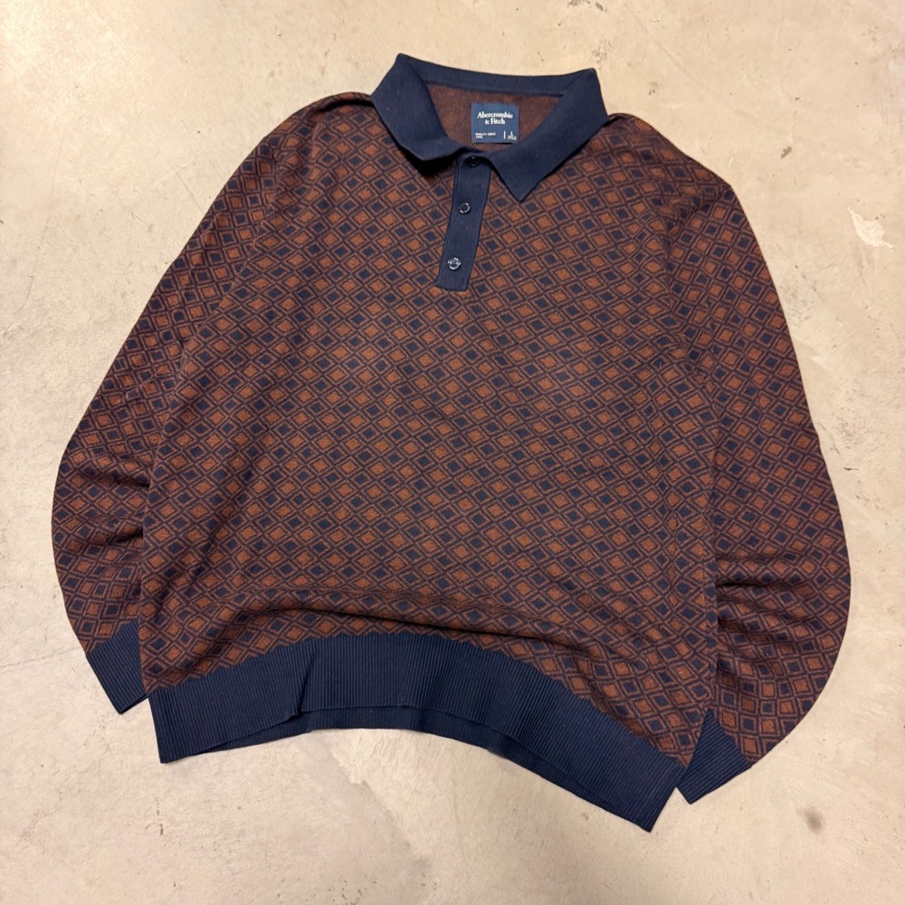 Abercrombie & Fitch Mens Geometric Diamond Knit Polo Sweater Brown Navy Large
